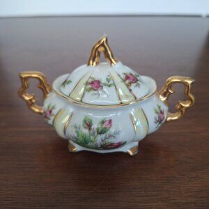 VINTAGE LEFTON CHINA LIDDED SUGAR BOWL PINK ROSE PATTERN GILDED GOLD ACCENTS